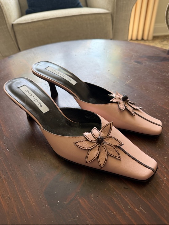 Maripe Shoes - Maripé Leather Floral Mule Heels Pink Square Toe Slip On Shoes Women’s 9